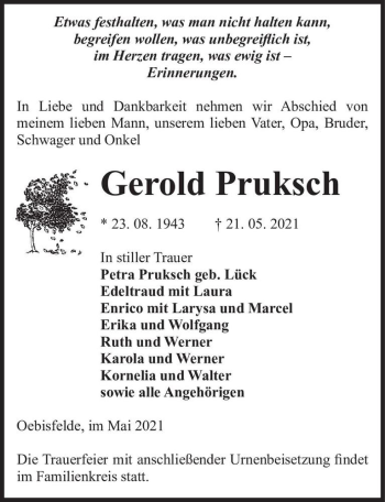 Traueranzeige von Gerold Pruksch  von Magdeburger Volksstimme