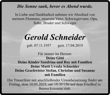 Traueranzeige von Gerold Schneider  von Magdeburger Volksstimme