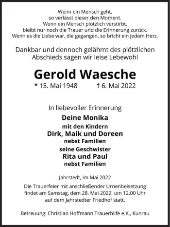 Traueranzeige von Gerold Waesche  von Magdeburger Volksstimme