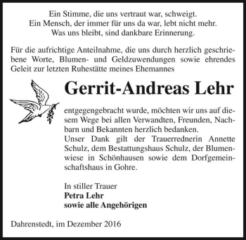 Traueranzeige von Gerrit-Andreas Lehr  von Magdeburger Volksstimme