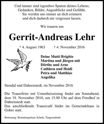 Traueranzeige von Gerrit-Andreas Lehr  von Magdeburger Volksstimme