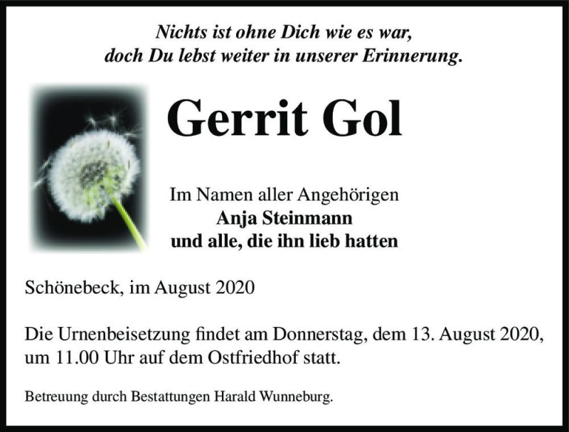  Traueranzeige für Gerrit Gol  vom 08.08.2020 aus Magdeburger Volksstimme