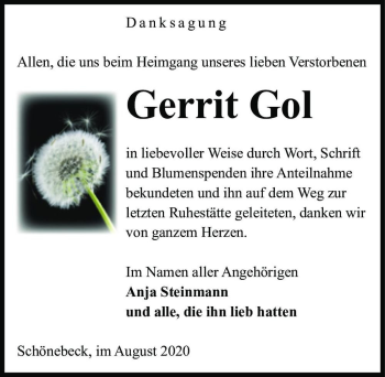 Traueranzeige von Gerrit Gol  von Magdeburger Volksstimme