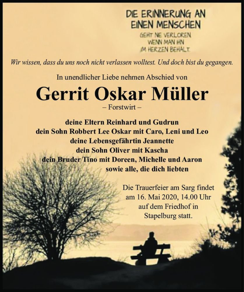  Traueranzeige für Gerrit Oskar Müller  vom 09.05.2020 aus Magdeburger Volksstimme