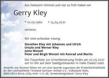 Traueranzeige von Gerry Kley  von Magdeburger Volksstimme