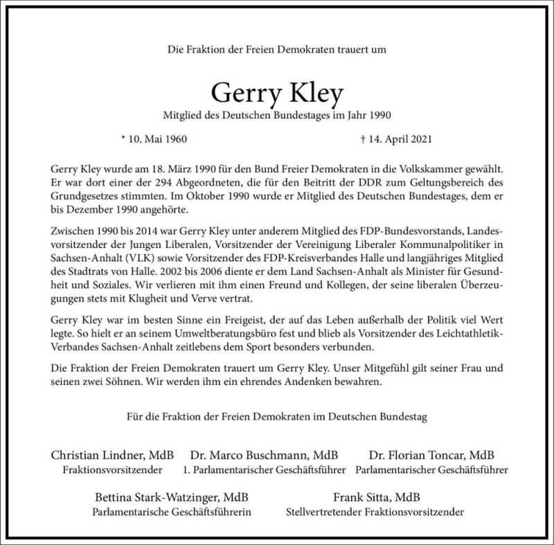  Traueranzeige für Gerry Kley  vom 24.04.2021 aus Magdeburger Volksstimme