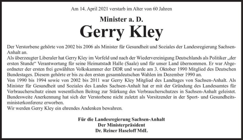  Traueranzeige für Gerry Kley  vom 22.04.2021 aus Magdeburger Volksstimme