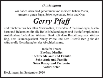 Traueranzeige von Gerry Pfaff  von Magdeburger Volksstimme