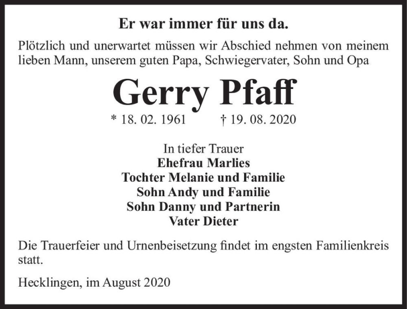  Traueranzeige für Gerry Pfaff  vom 22.08.2020 aus Magdeburger Volksstimme