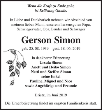 Traueranzeige von Gerson Simon  von Magdeburger Volksstimme