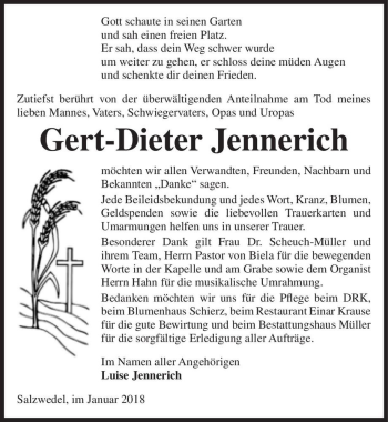 Traueranzeige von Gert-Dieter Jennerich  von Magdeburger Volksstimme