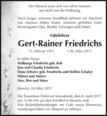 Traueranzeige von Gert-Rainer Friedrichs  von Magdeburger Volksstimme