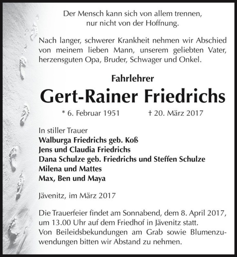  Traueranzeige für Gert-Rainer Friedrichs  vom 29.03.2017 aus Magdeburger Volksstimme