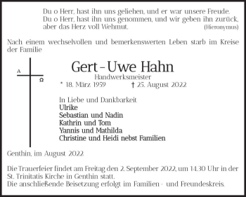 Traueranzeige von Gert-Uwe Hahn  von Magdeburger Volksstimme