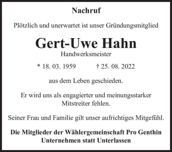 Traueranzeige von Gert-Uwe Hahn  von Magdeburger Volksstimme