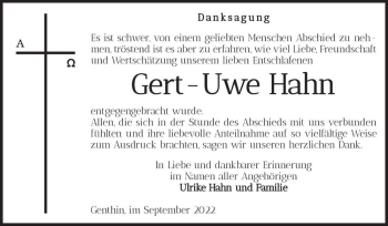 Traueranzeige von Gert-Uwe Hahn  von Magdeburger Volksstimme