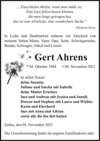 Traueranzeige von Gert Ahrens  von Magdeburger Volksstimme