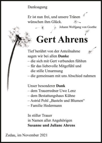Traueranzeige von Gert Ahrens  von Magdeburger Volksstimme