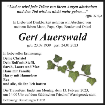 Traueranzeige von Gert Auerswald  von Magdeburger Volksstimme