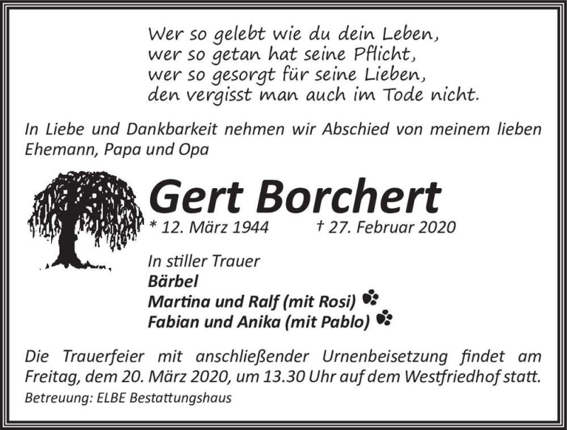  Traueranzeige für Gert Borchert  vom 07.03.2020 aus Magdeburger Volksstimme