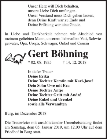 Traueranzeige von Gert Böhning  von Magdeburger Volksstimme