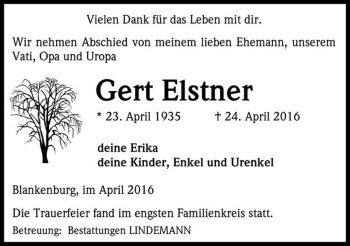 Traueranzeige von Gert Elstner  von Magdeburger Volksstimme