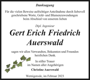 Traueranzeige von Gert Erich Friedrich Auerswald  von Magdeburger Volksstimme