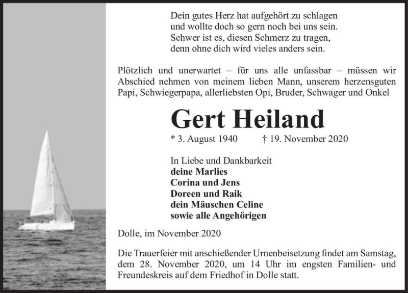  Traueranzeige für Gert Heiland  vom 21.11.2020 aus Magdeburger Volksstimme