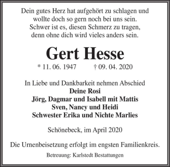 Traueranzeige von Gert Hesse  von Magdeburger Volksstimme