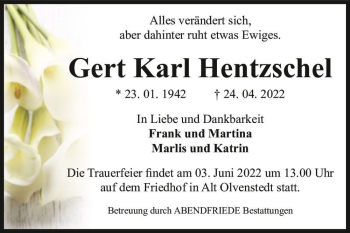 Traueranzeige von Gert Karl Hentzschel  von Magdeburger Volksstimme