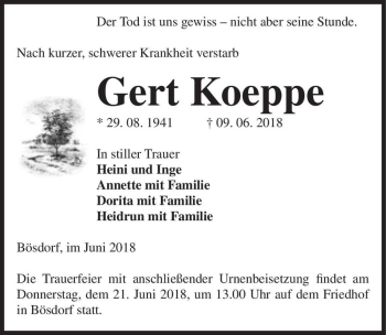 Traueranzeige von Gert Koeppe  von Magdeburger Volksstimme