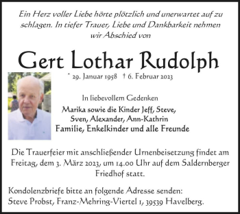 Traueranzeige von Gert Lothar Rudolph  von Magdeburger Volksstimme