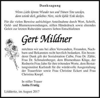 Traueranzeige von Gert Mildner  von Magdeburger Volksstimme