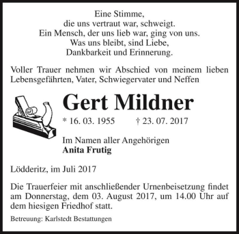 Traueranzeige von Gert Mildner  von Magdeburger Volksstimme