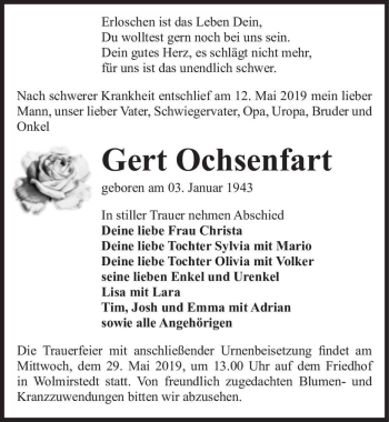 Traueranzeige von Gert Ochsenfart  von Magdeburger Volksstimme