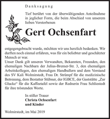 Traueranzeige von Gert Ochsenfart  von Magdeburger Volksstimme