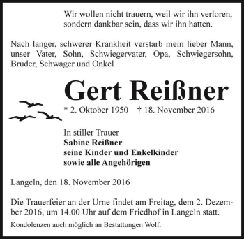 Traueranzeige von Gert Reißner  von Magdeburger Volksstimme