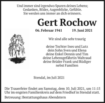 Traueranzeige von Gert Rochow  von Magdeburger Volksstimme