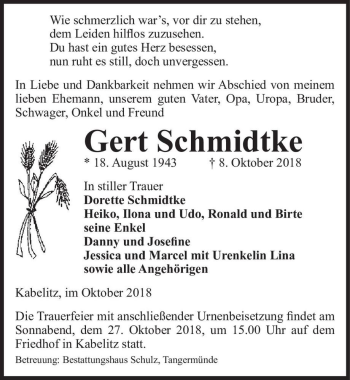 Traueranzeige von Gert Schmidtke  von Magdeburger Volksstimme