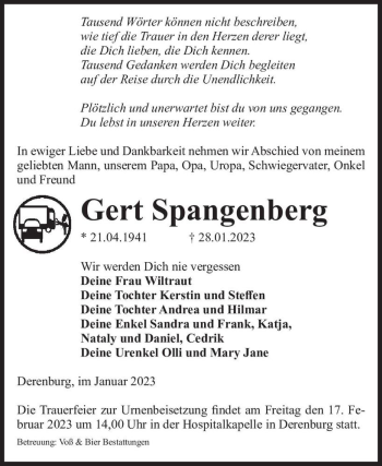 Traueranzeige von Gert Spangenberg  von Magdeburger Volksstimme