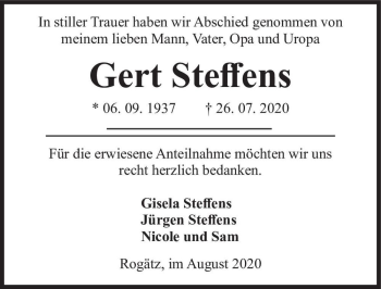 Traueranzeige von Gert Steffens  von Magdeburger Volksstimme