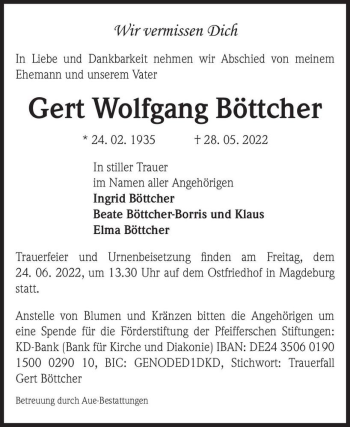 Traueranzeige von Gert Wolfgang Böttcher  von Magdeburger Volksstimme