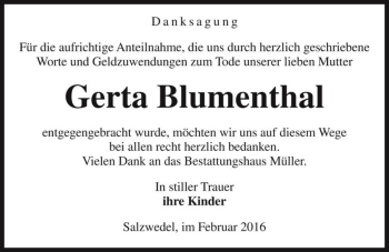 Traueranzeige von Gerta Blumenthal  von Magdeburger Volksstimme