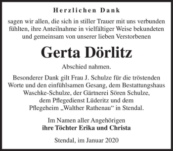 Traueranzeige von Gerta Dörlitz  von Magdeburger Volksstimme