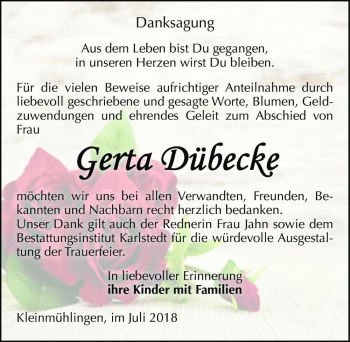 Traueranzeige von Gerta Dübecke  von Magdeburger Volksstimme