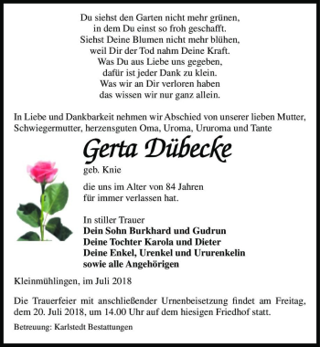 Traueranzeige von Gerta Dübecke (geb. Knie)  von Magdeburger Volksstimme