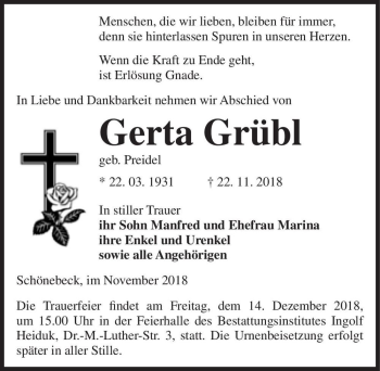 Traueranzeige von Gerta Grübl (geb. Preidel)  von Magdeburger Volksstimme