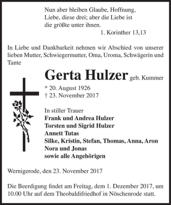 Traueranzeige von Gerta Hulzer (geb. Kummer)  von Magdeburger Volksstimme