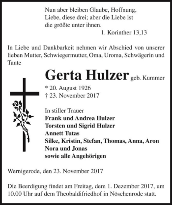 Traueranzeige von Gerta Hulzer (geb. Kummer)  von Magdeburger Volksstimme