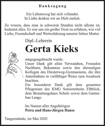 Traueranzeige von Gerta Kieks  von Magdeburger Volksstimme